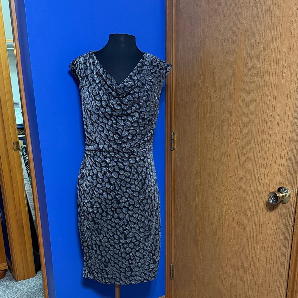 Dressbarn Black and Silver Patterned Cowl Neck Midi Dress